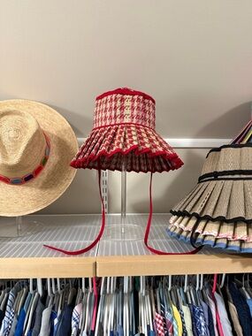 Red and Cream Pleated Straw Hat with Chin Ties